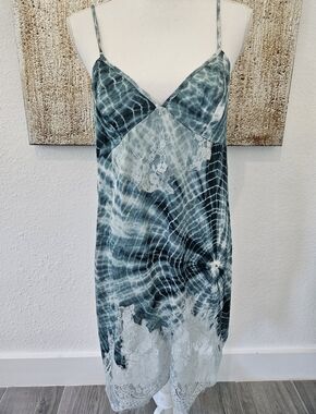 Free People Teal and White Lace-Trim Slip Dress